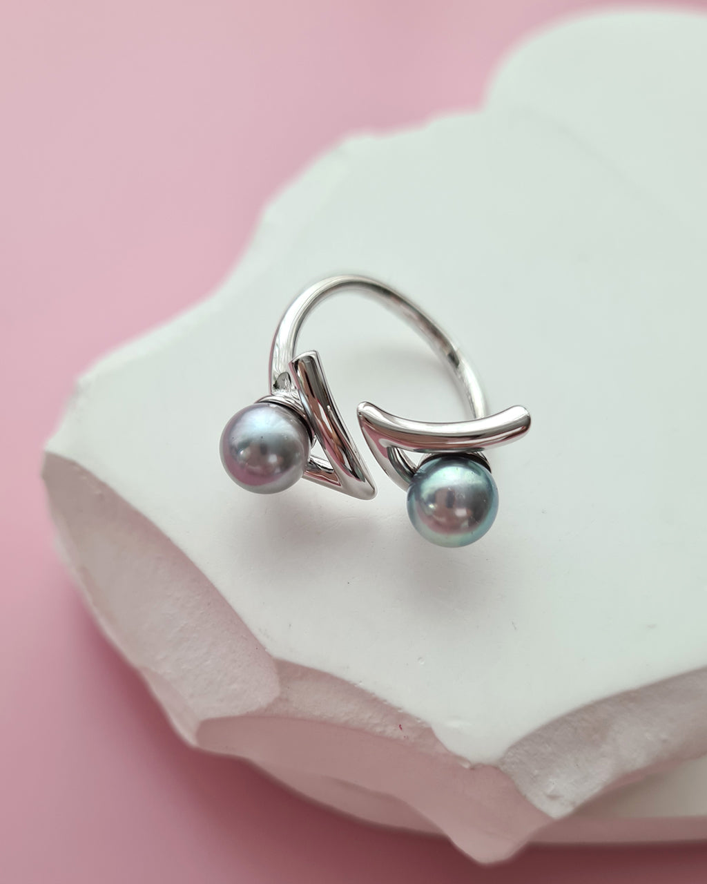 Double Silver Blue Akoya Pearl Open Ring, Handmade Pearl Jewelry in Singapore