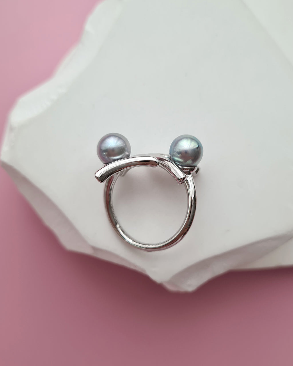 Double Silver Blue Akoya Pearl Open Ring, Handmade Pearl Jewelry in Singapore