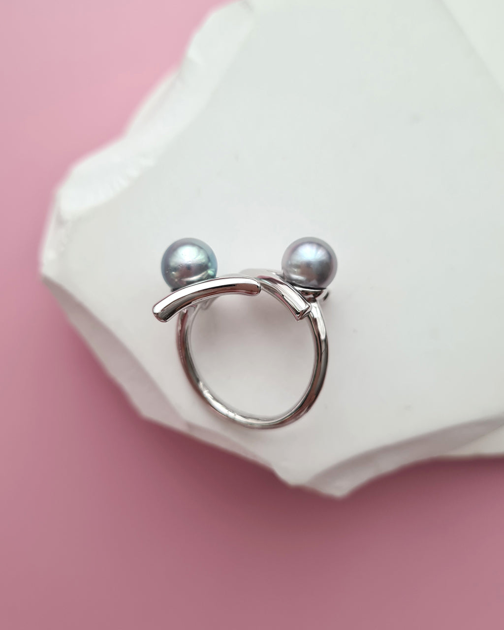 Double Silver Blue Akoya Pearl Open Ring, Handmade Pearl Jewelry in Singapore