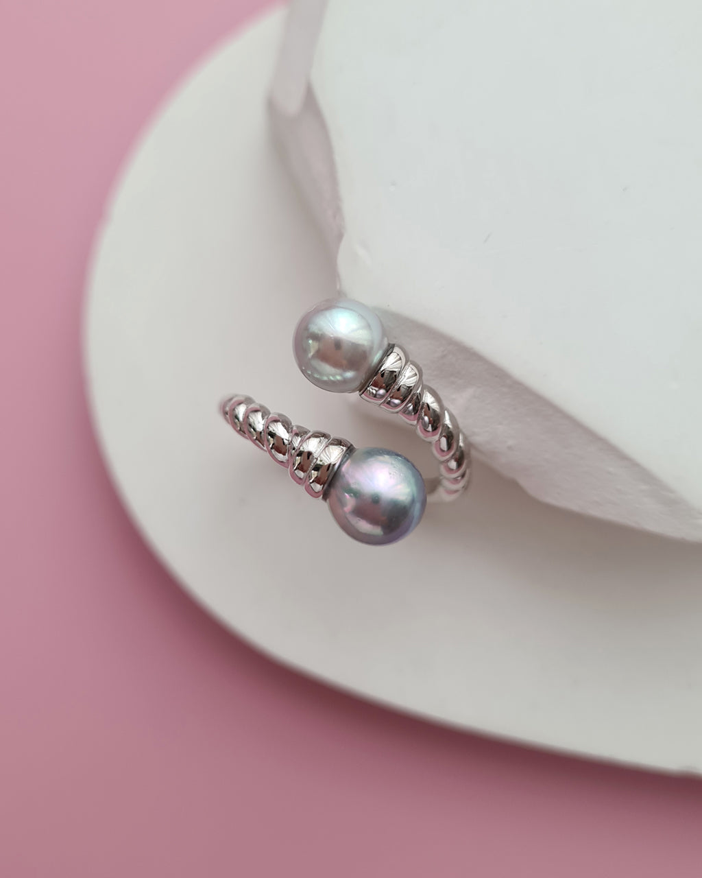 Double Silver Blue Akoya Pearl Open Ring