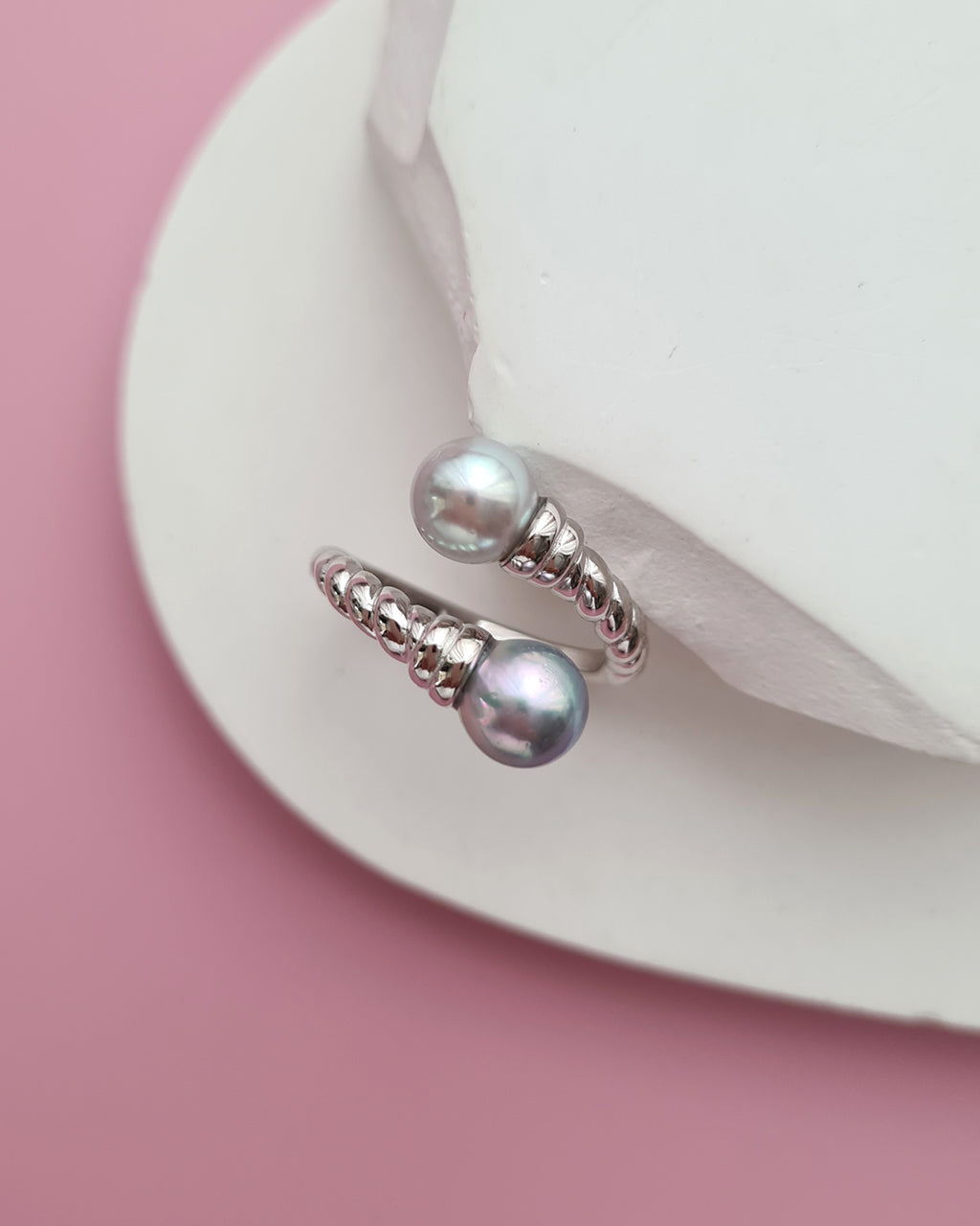 Double Silver Blue Akoya Pearl Open Ring