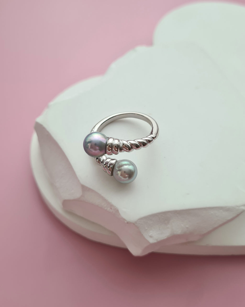 Double Silver Blue Akoya Pearl Open Ring