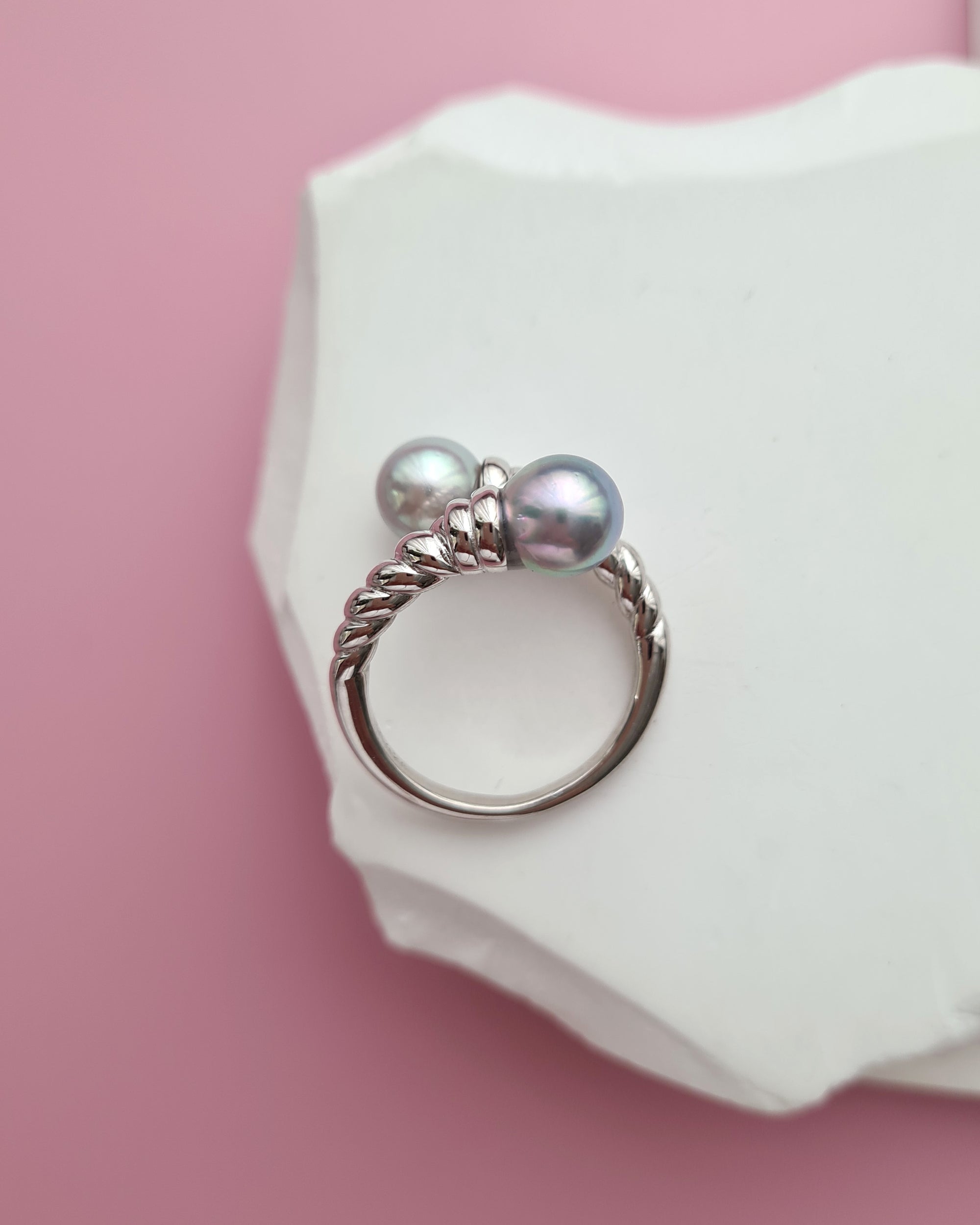 Double Silver Blue Akoya Pearl Open Ring