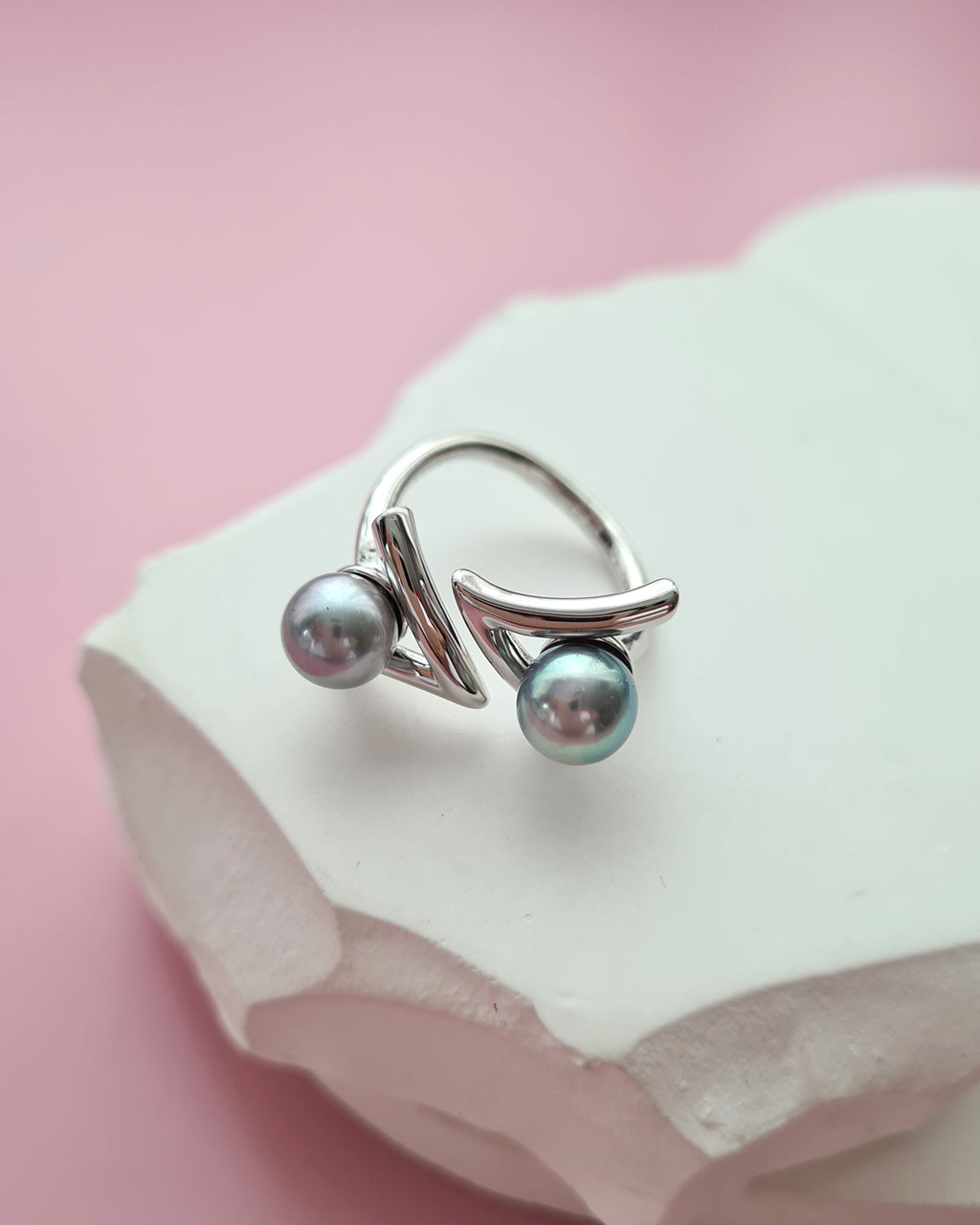 Double Silver Blue Akoya Pearl Open Ring, Handmade Pearl Jewelry in Singapore