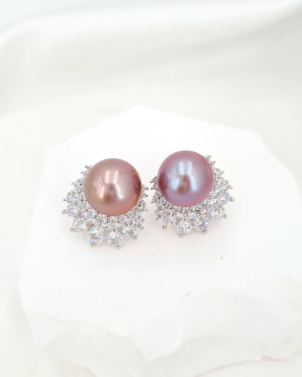 Purple Pink Edison Pearl Earrings - Cluster Latch Back Earrings in Sterling Silver, Handmade in Singapore