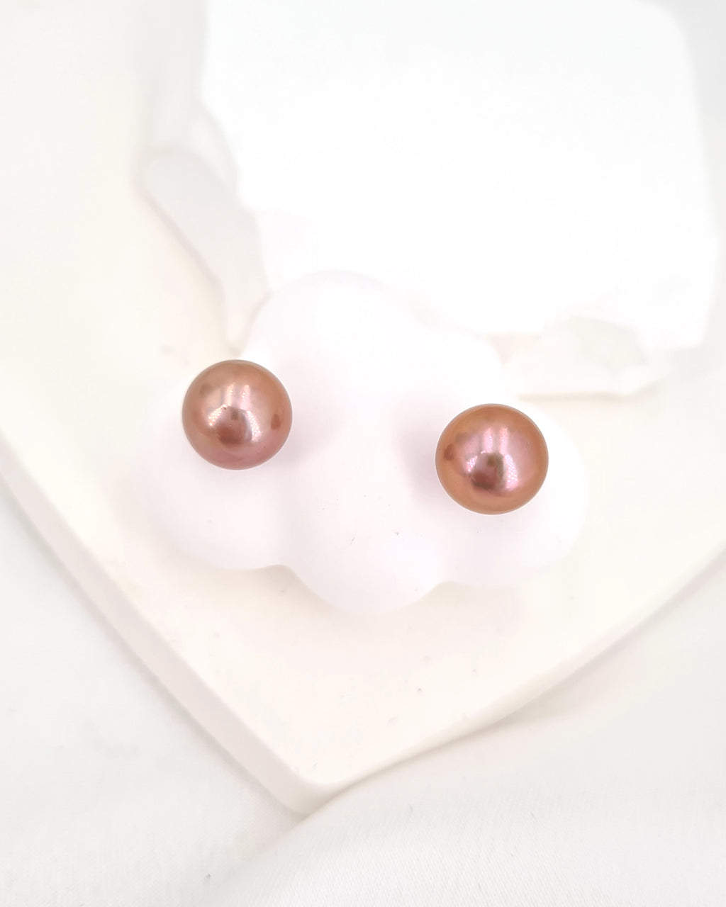 Pearl Earrings, Edison Pearl Stud Earrings - 18K Rose Gold Pinkish Purple with Golden Sheen