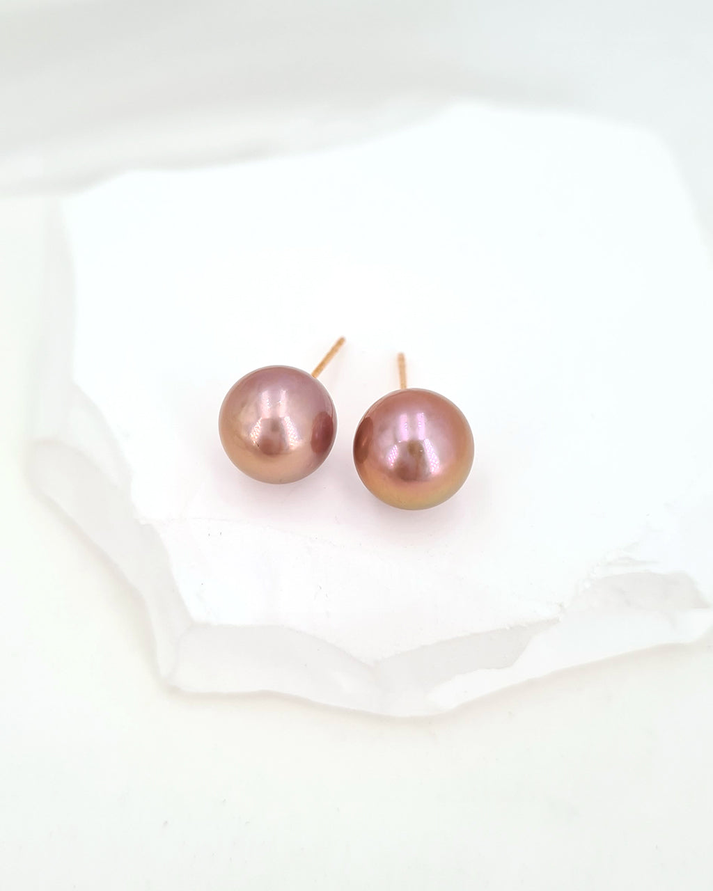 Pearl Earrings, Edison Pearl Stud Earrings - 18K Rose Gold Pinkish Purple with Golden Sheen