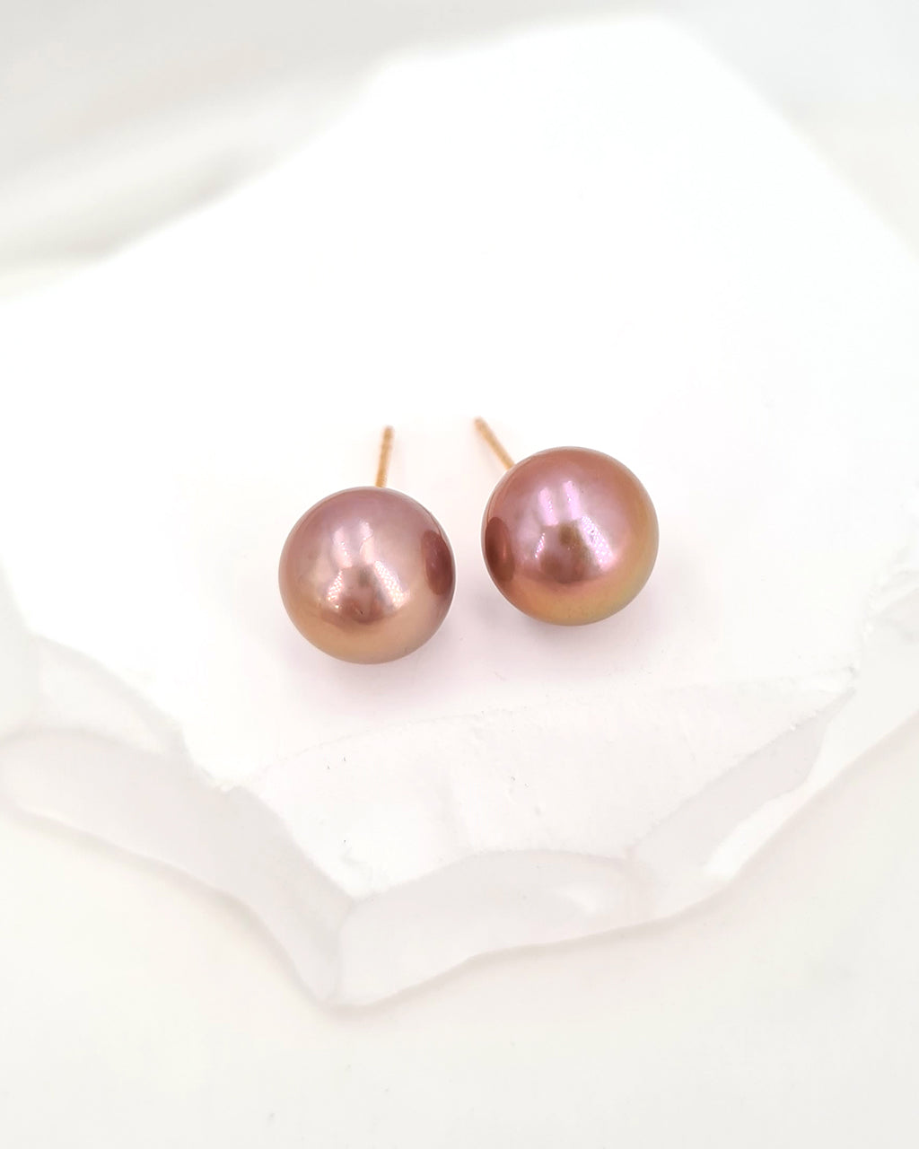 Pearl Earrings, Edison Pearl Stud Earrings - 18K Rose Gold Pinkish Purple with Golden Sheen