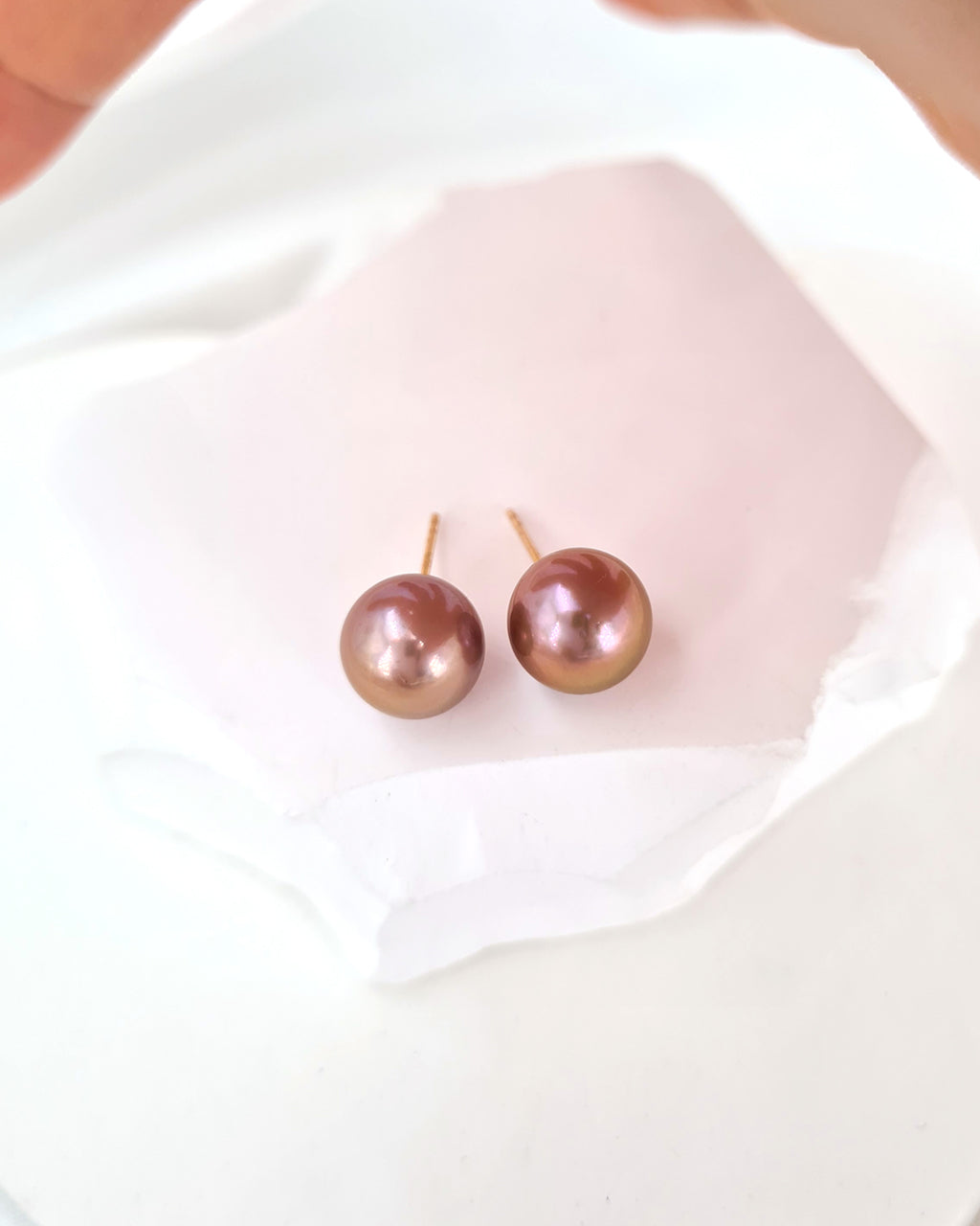 Pearl Earrings, Edison Pearl Stud Earrings - 18K Rose Gold Pinkish Purple with Golden Sheen