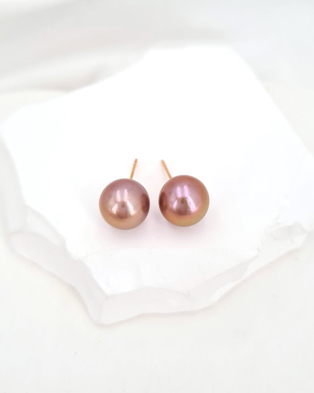 Pearl Earrings, Edison Pearl Stud Earrings - 18K Rose Gold Pinkish Purple with Golden Sheen