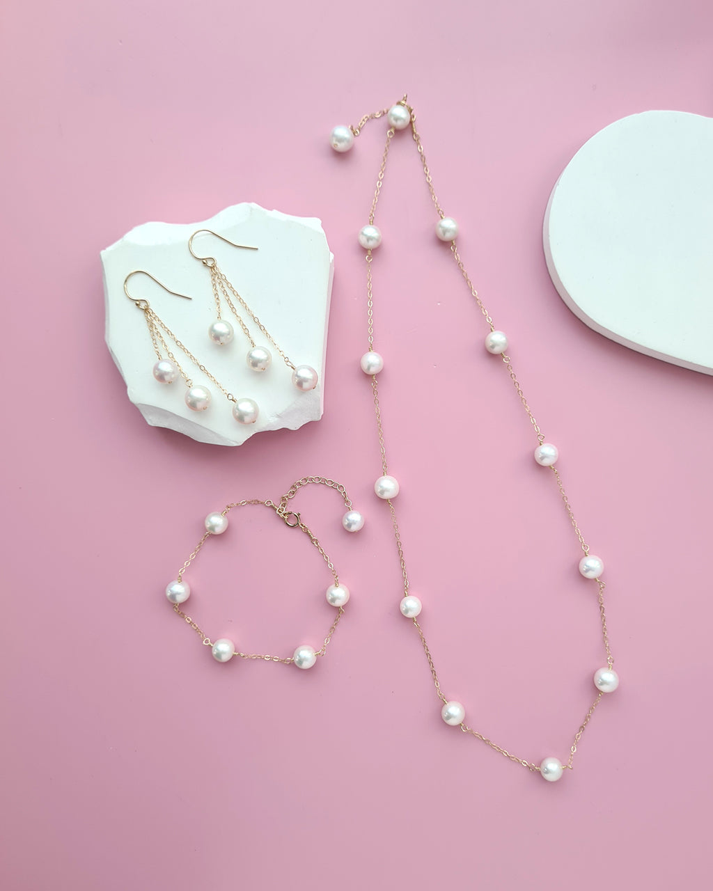 White Freshwater Pearl Floating Pearl Necklace, Bracelet and Earrings,  7mm to 8mm, Handmade Pearl Jewelry in Singapore