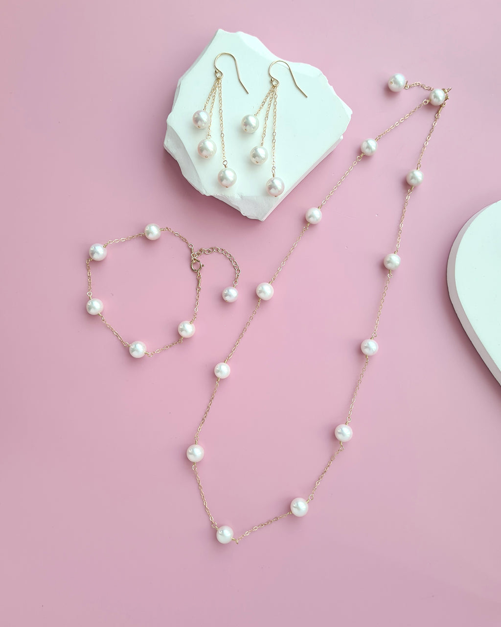 White Freshwater Pearl Floating Pearl Necklace, Bracelet and Earrings,  7mm to 8mm, Handmade Pearl Jewelry in Singapore