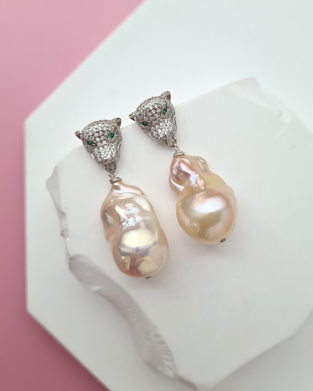 Metallic Peach Freshwater Baroque Pearls Panther Earrings