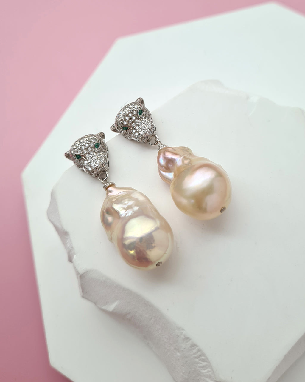 Metallic Peach Freshwater Baroque Pearls Panther Earrings