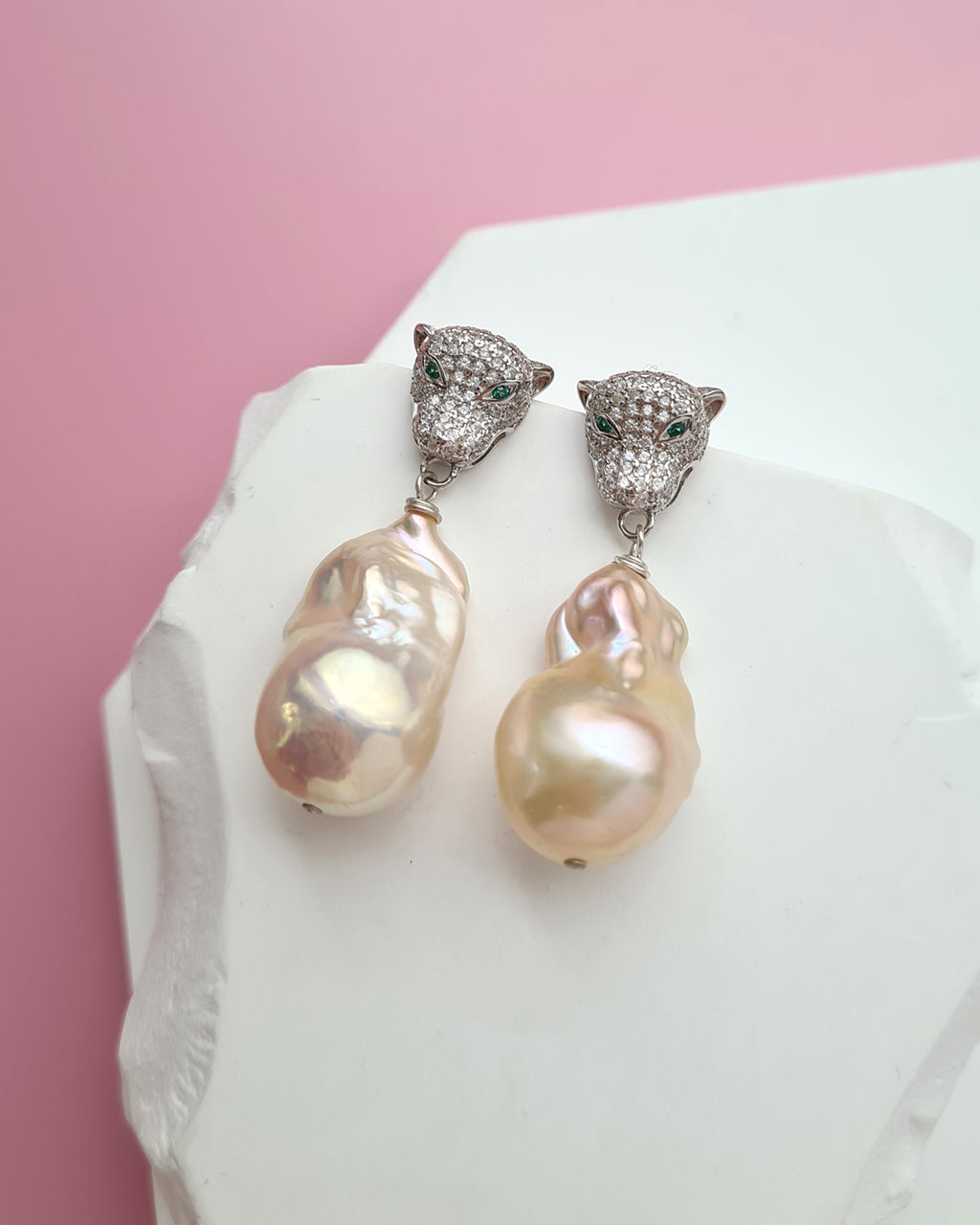 Metallic Peach Freshwater Baroque Pearls Panther Earrings
