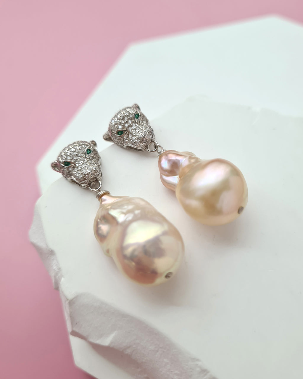 Metallic Peach Freshwater Baroque Pearls Panther Earrings