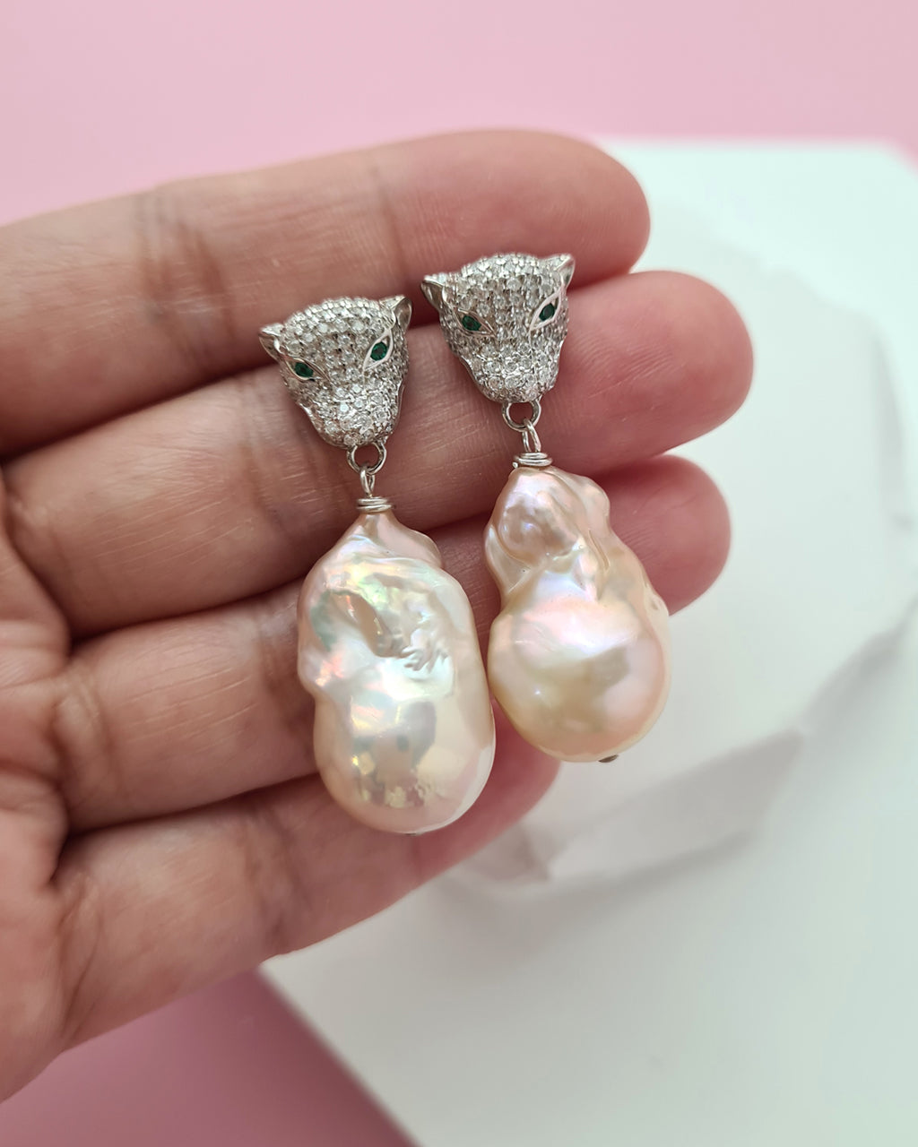 Metallic Peach Freshwater Baroque Pearls Panther Earrings