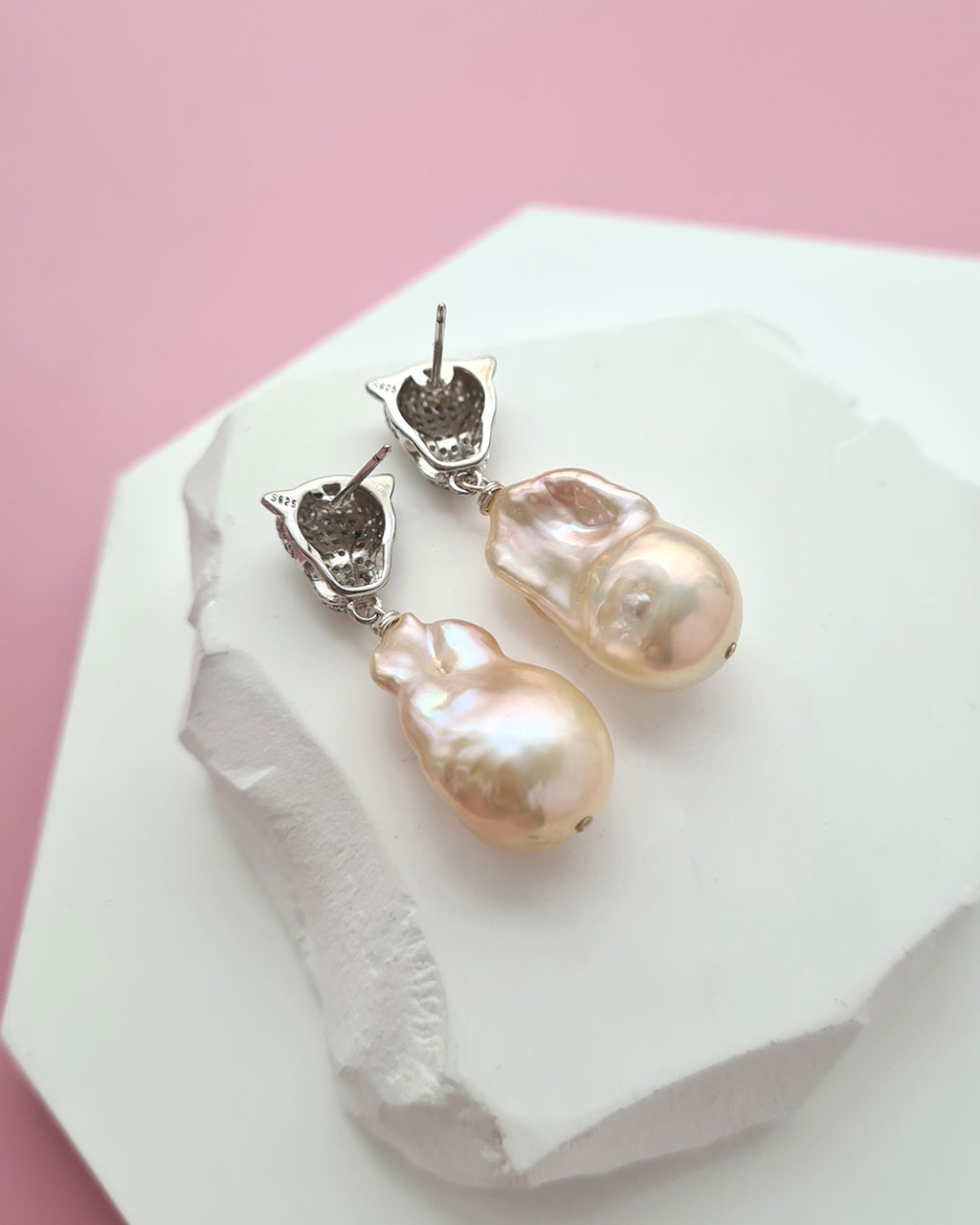 Metallic Peach Freshwater Baroque Pearls Panther Earrings