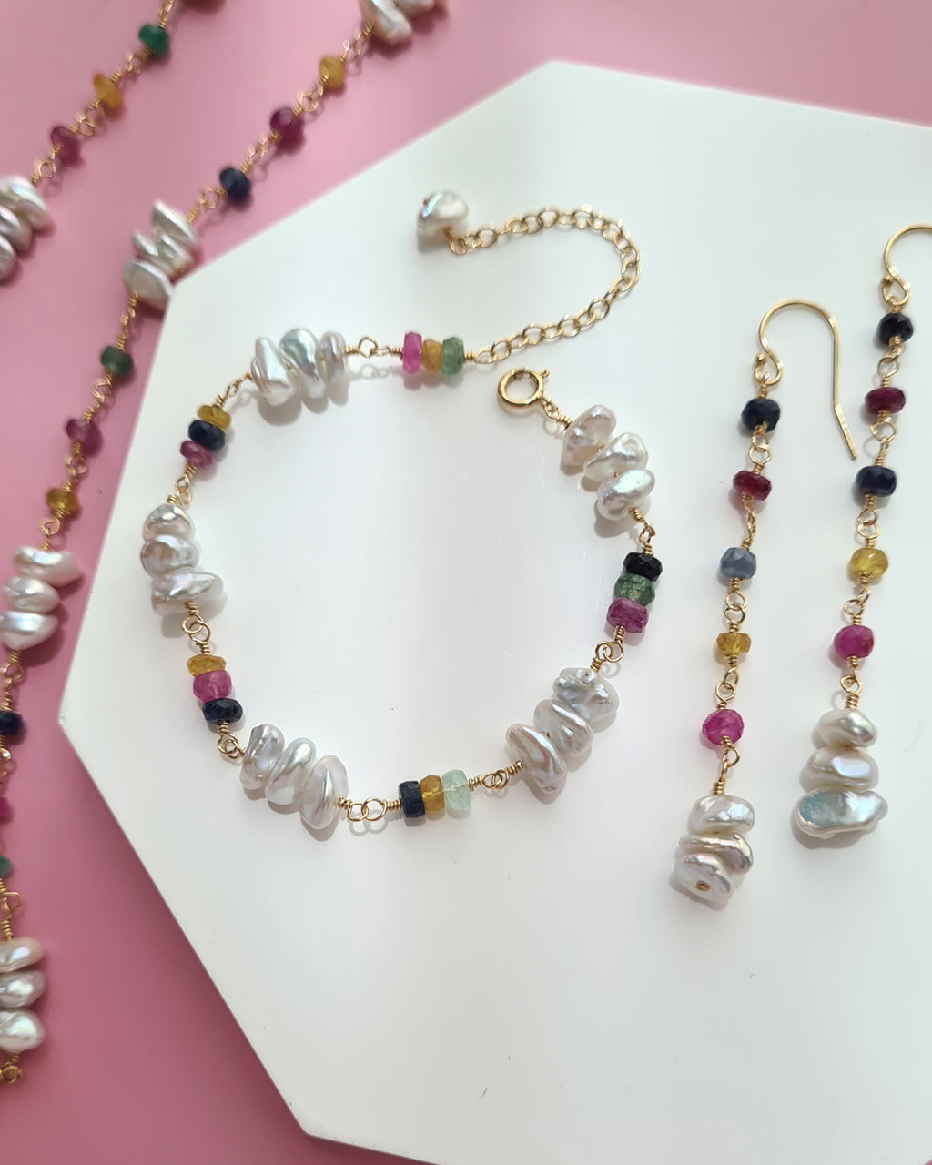 Freshwater Keshi Pearl Jewelry Set with Natural Gemstones Sapphire Emerald Ruby Handmade Pearl Jewelry in Singapore