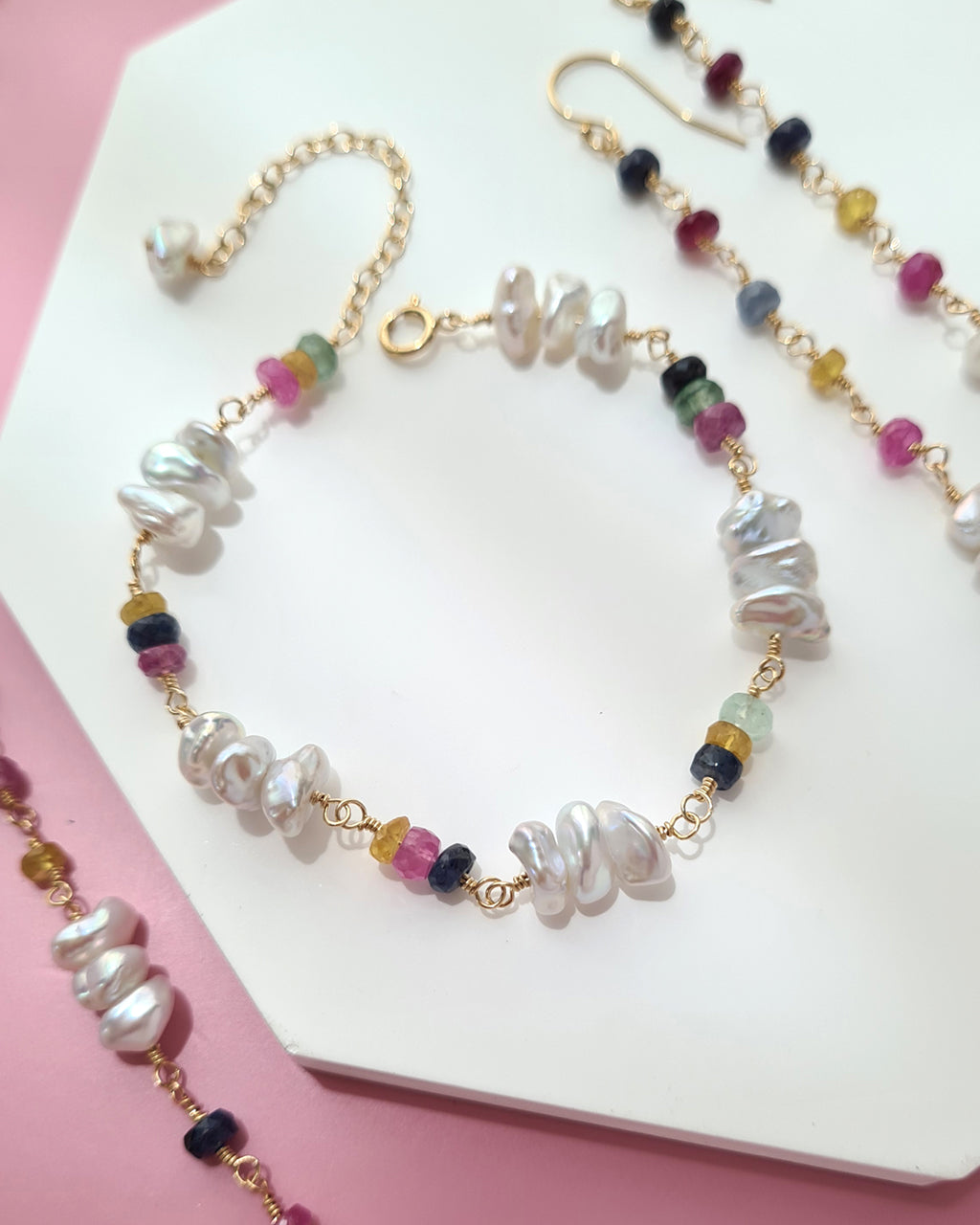 Freshwater Keshi Pearl Jewelry Set with Natural Gemstones Sapphire Emerald Ruby Handmade Pearl Jewelry in Singapore