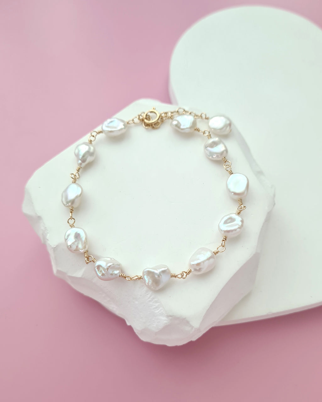 Freshwater Keshi Pearl Jewelry Set Earrings, Bracelet, Necklace Handmade in Singapore, 14k gold filled