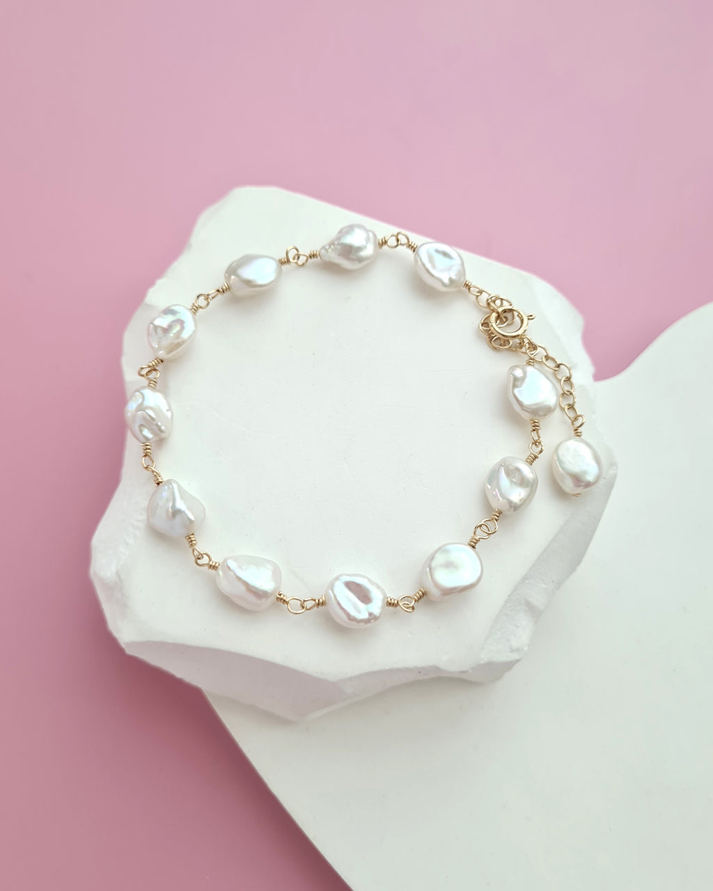 Freshwater Keshi Pearl Jewelry Set Earrings, Bracelet, Necklace Handmade in Singapore, 14k gold filled