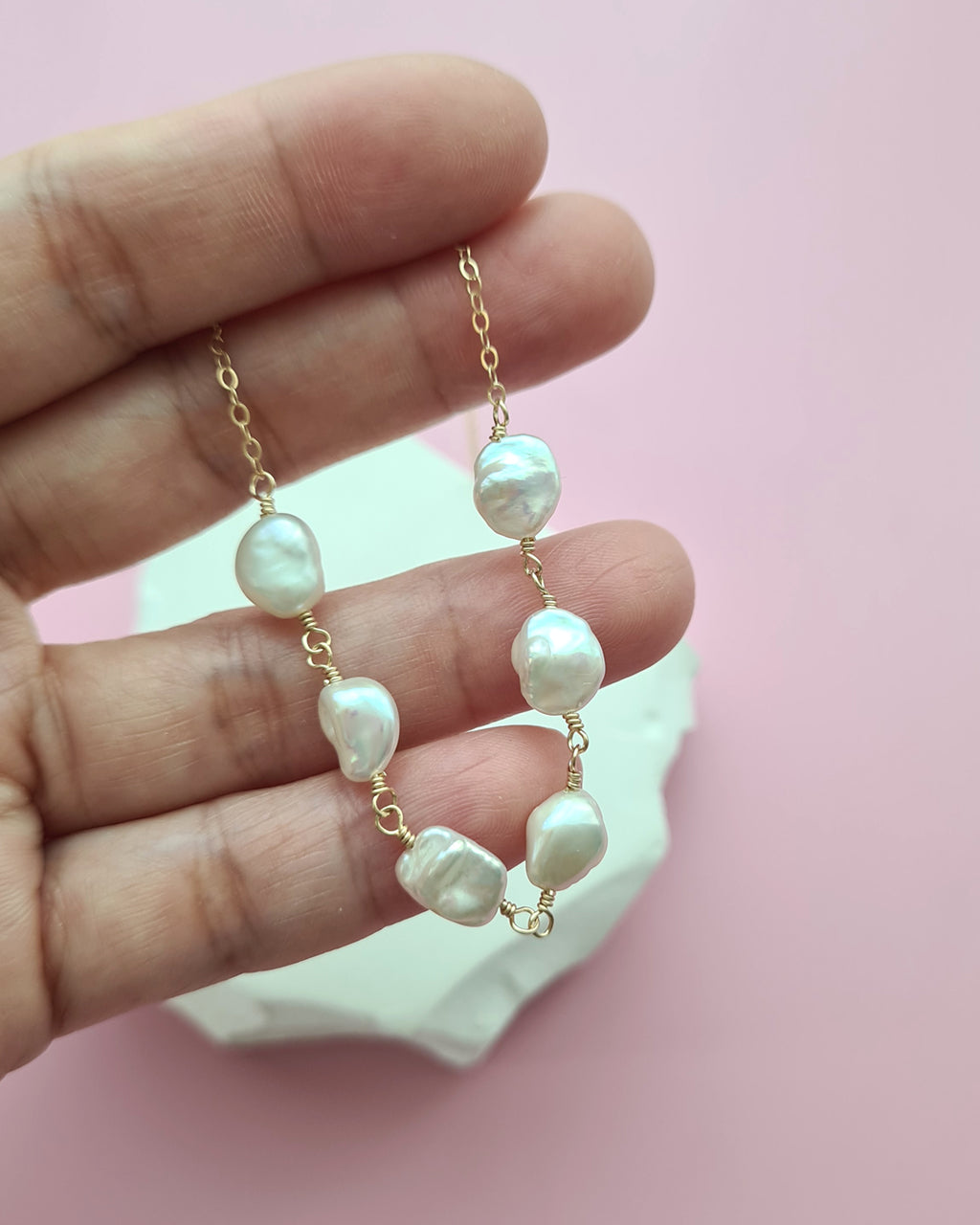 Freshwater Keshi Pearl Jewelry Set Earrings, Bracelet, Necklace Handmade in Singapore, 14k gold filled