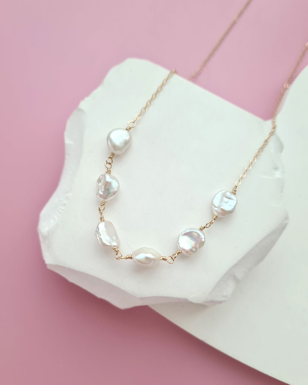 Freshwater Keshi Pearl Jewelry Set Earrings, Bracelet, Necklace Handmade in Singapore, 14k gold filled