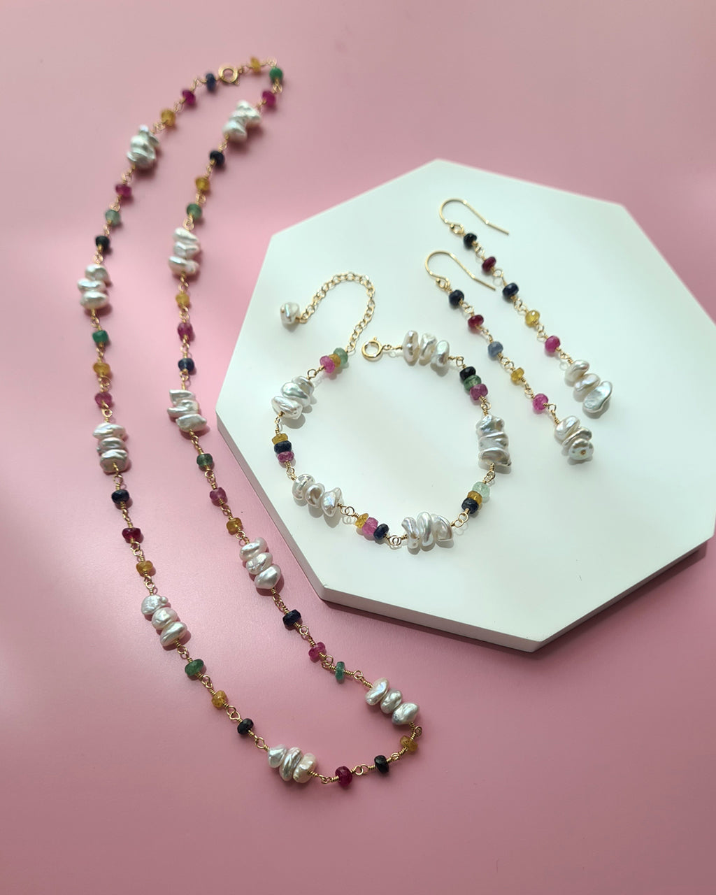 Freshwater Keshi Pearl Jewelry Set with Natural Gemstones Sapphire Emerald Ruby Handmade Pearl Jewelry in Singapore