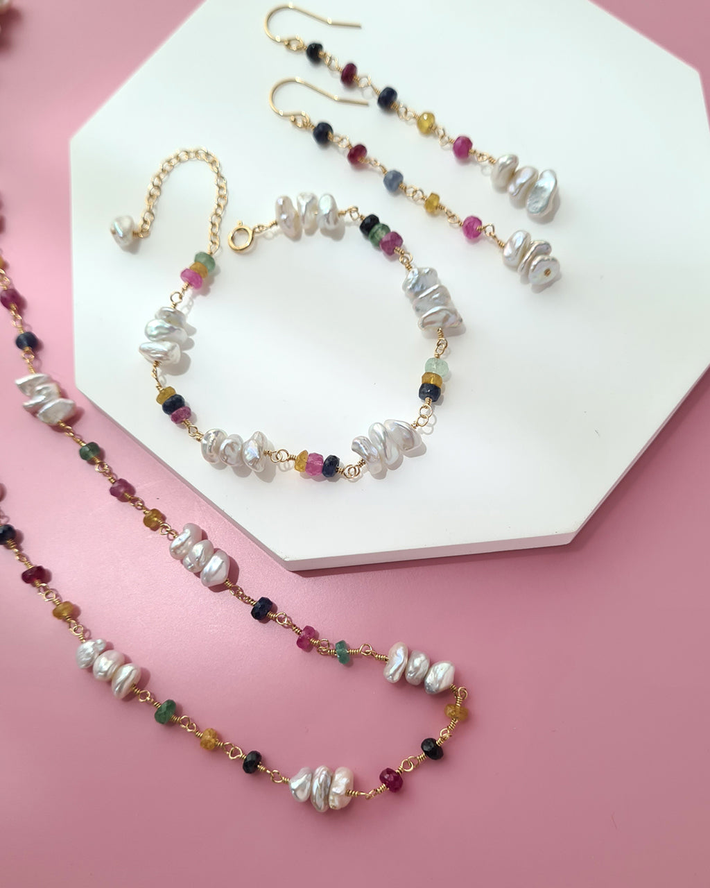 Freshwater Keshi Pearl Jewelry Set with Natural Gemstones Sapphire Emerald Ruby Handmade Pearl Jewelry in Singapore