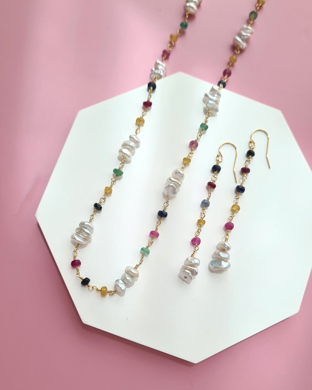 Freshwater Keshi Pearl Jewelry Set with Natural Gemstones Sapphire Emerald Ruby Handmade Pearl Jewelry in Singapore