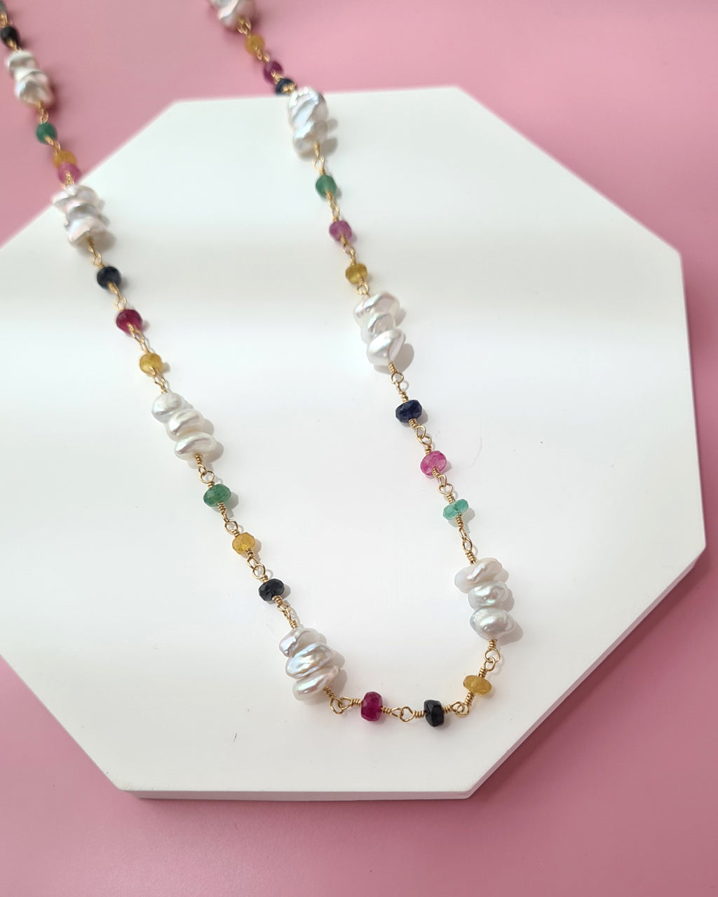 Freshwater Keshi Pearl Jewelry Set with Natural Gemstones Sapphire Emerald Ruby Handmade Pearl Jewelry in Singapore