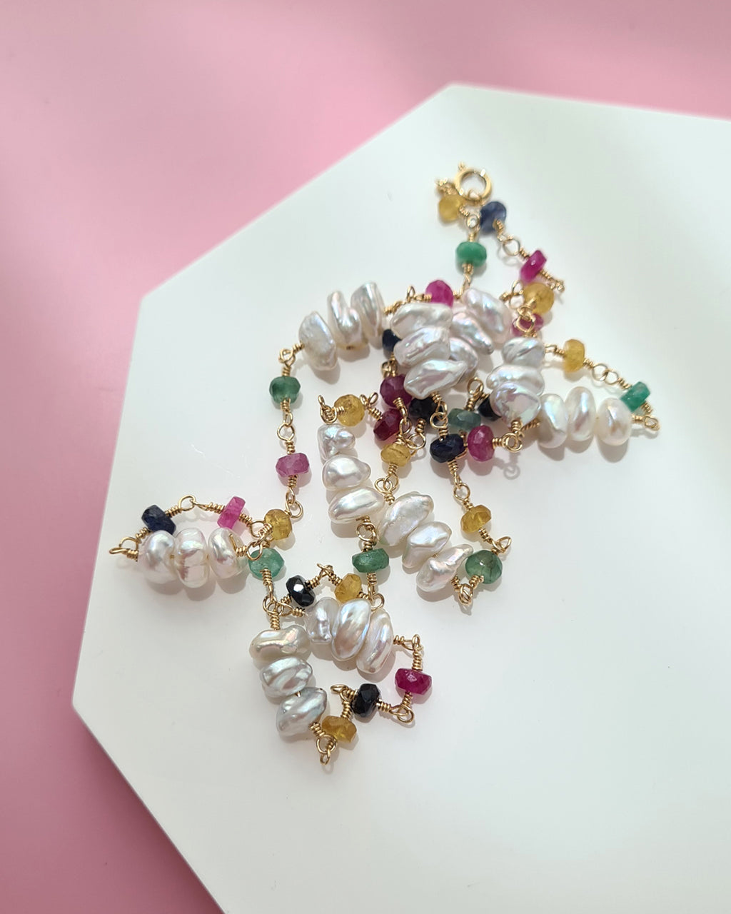 Freshwater Keshi Pearl Jewelry Set with Natural Gemstones Sapphire Emerald Ruby Handmade Pearl Jewelry in Singapore