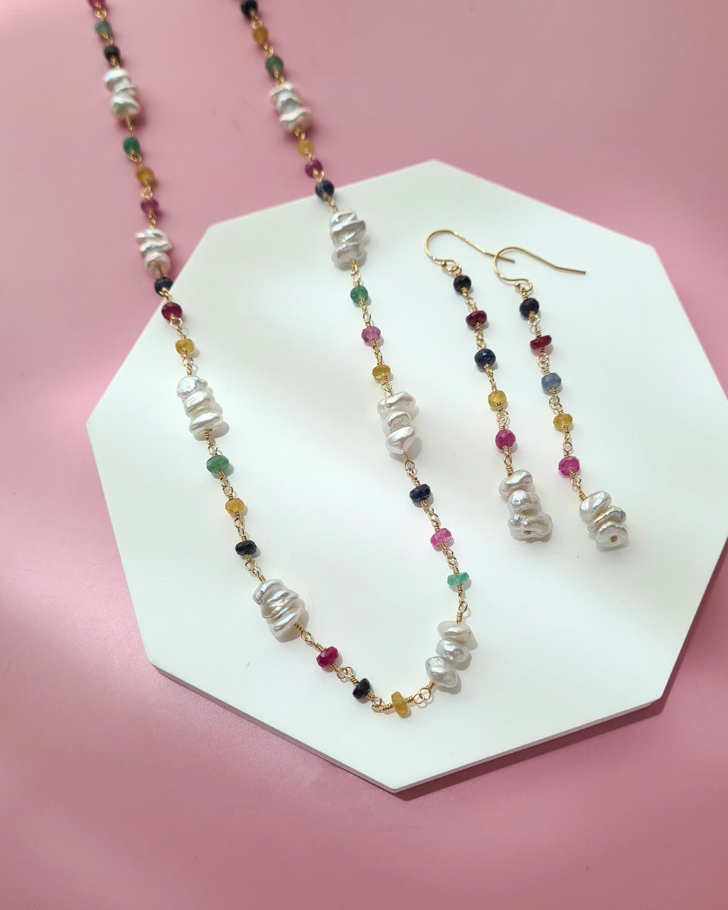 Freshwater Keshi Pearl Jewelry Set with Natural Gemstones Sapphire Emerald Ruby Handmade Pearl Jewelry in Singapore