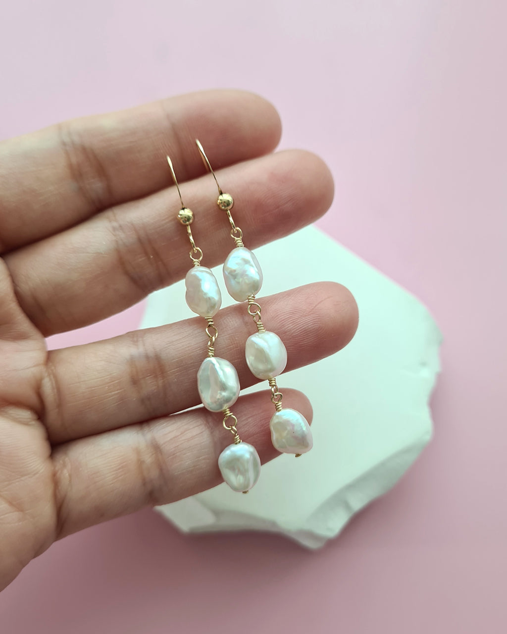 Freshwater Keshi Pearl Jewelry Set Earrings, Bracelet, Necklace Handmade in Singapore, 14k gold filled