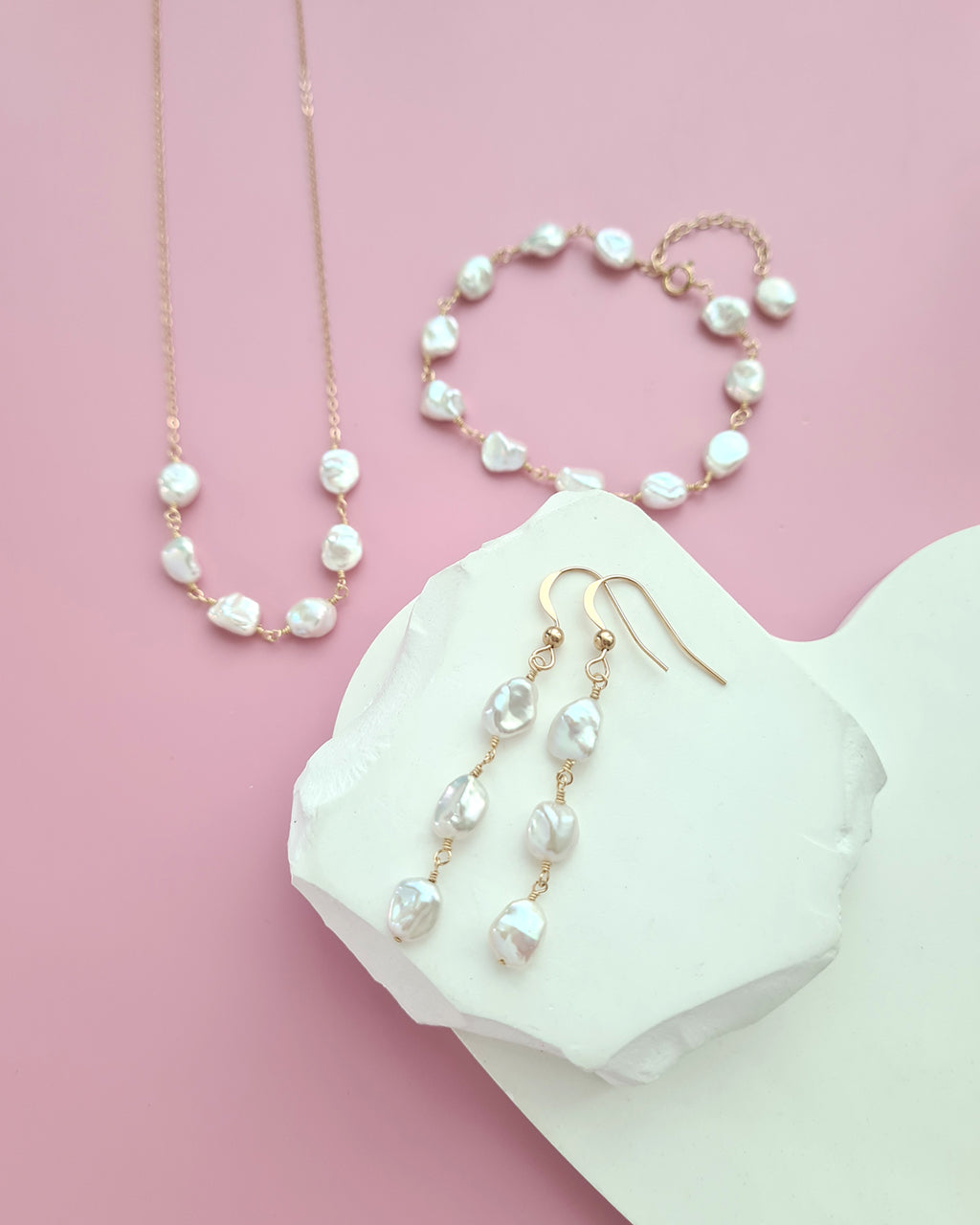 Freshwater Keshi Pearl Jewelry Set Earrings, Bracelet, Necklace Handmade in Singapore, 14k gold filled