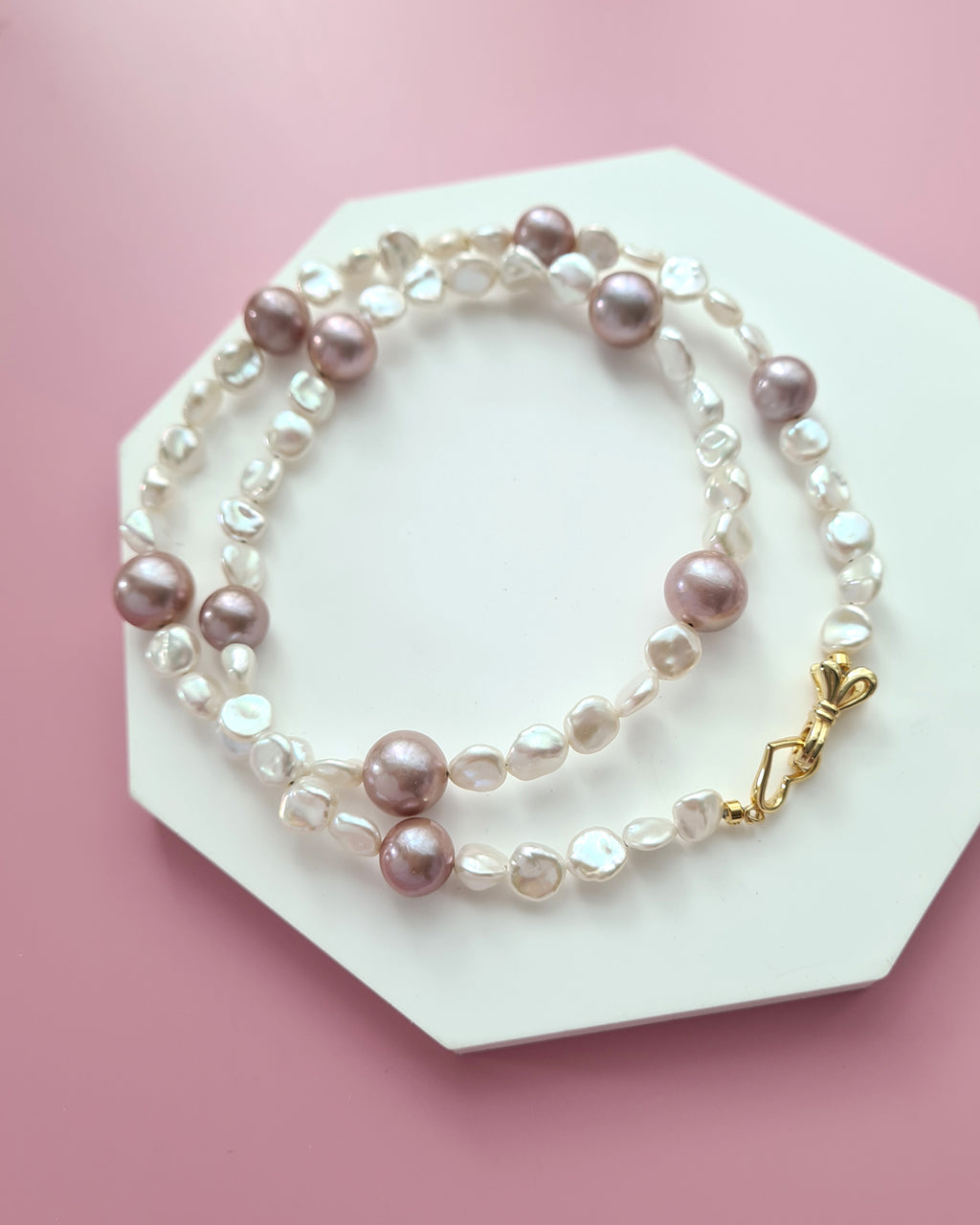 White Keshi Pearl Strand Necklace accented with Purple Edison Pearls, Handmade in Singapore