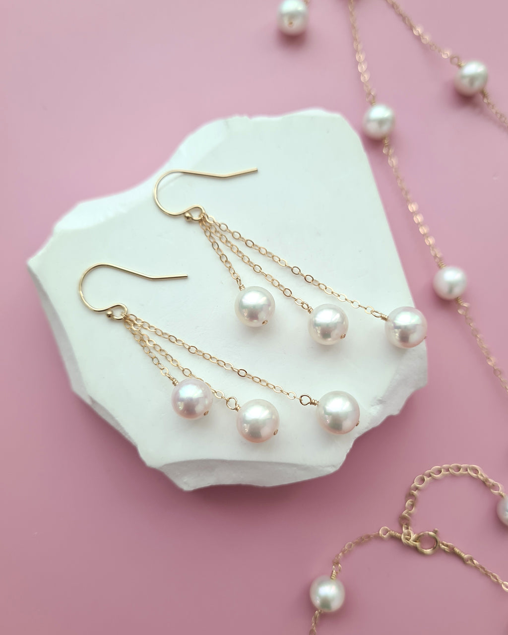 White Freshwater Pearl Floating Pearl Necklace, Bracelet and Earrings,  7mm to 8mm, Handmade Pearl Jewelry in Singapore