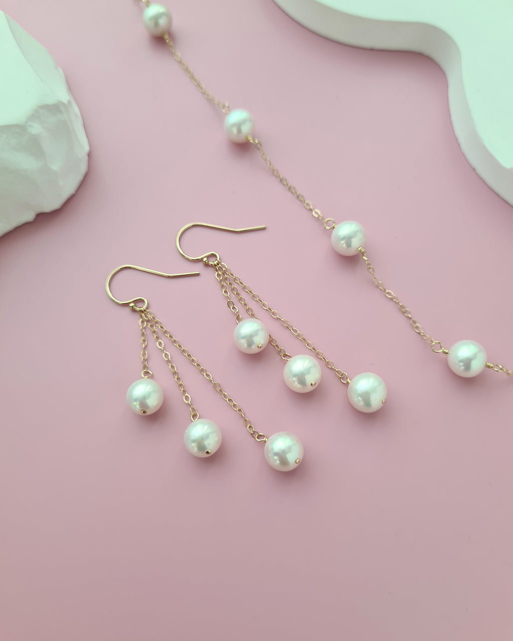 White Freshwater Pearl Floating Pearl Necklace, Bracelet and Earrings,  7mm to 8mm, Handmade Pearl Jewelry in Singapore