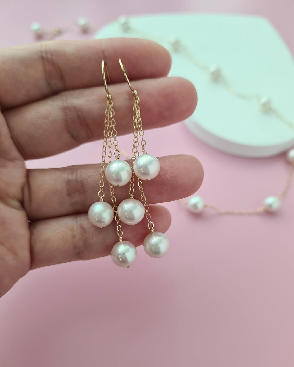 White Freshwater Pearl Floating Pearl Necklace, Bracelet and Earrings,  7mm to 8mm, Handmade Pearl Jewelry in Singapore