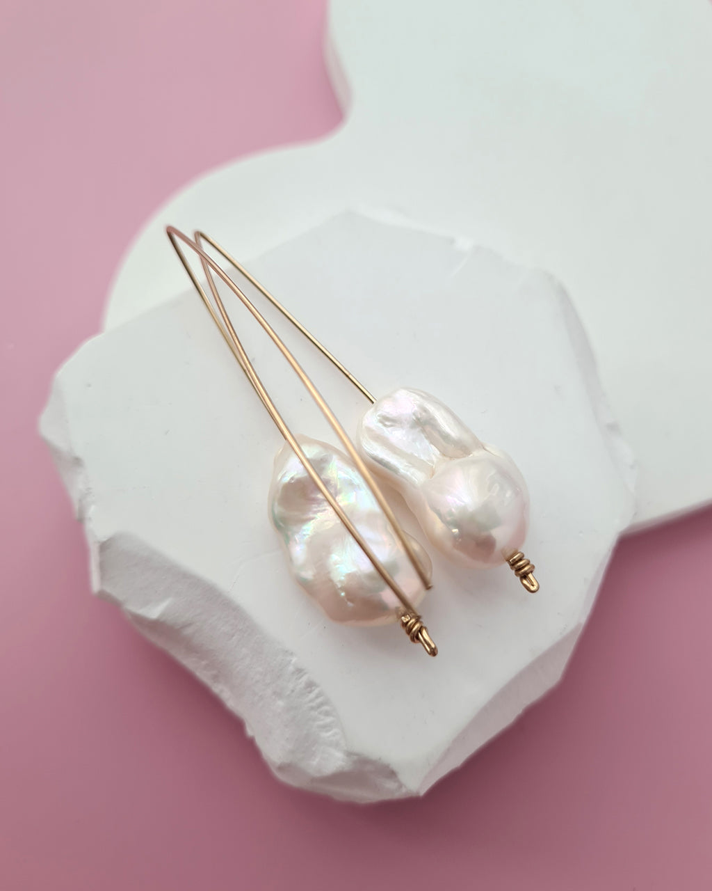 Large White Baroque Pearl Earrings - Minimalist in 14k Gold Filled Pearl Jewelry