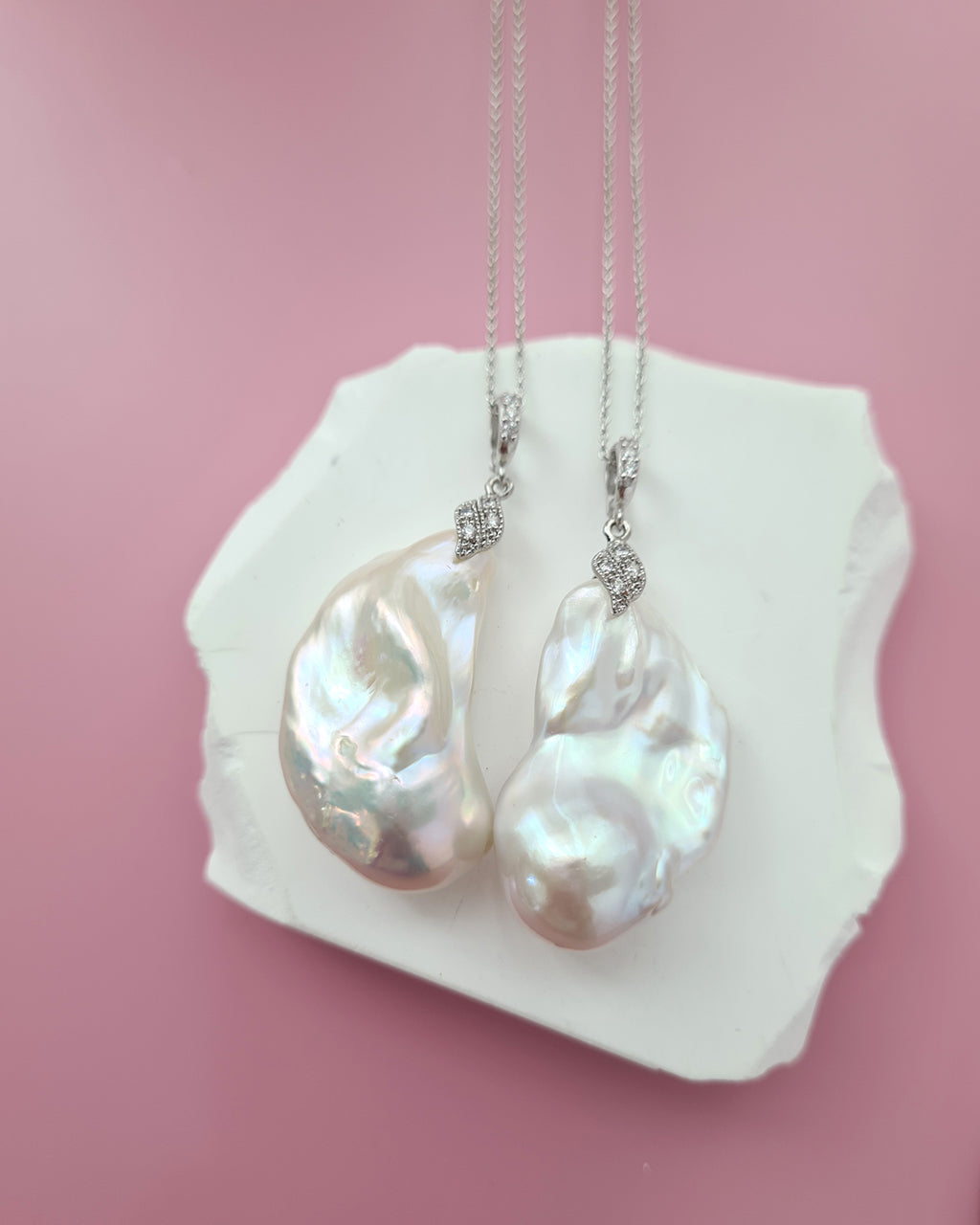 Set of 2 - Large White Baroque Pearl Pendant Necklace - Detachable Clasp Best Friends Jewelry
