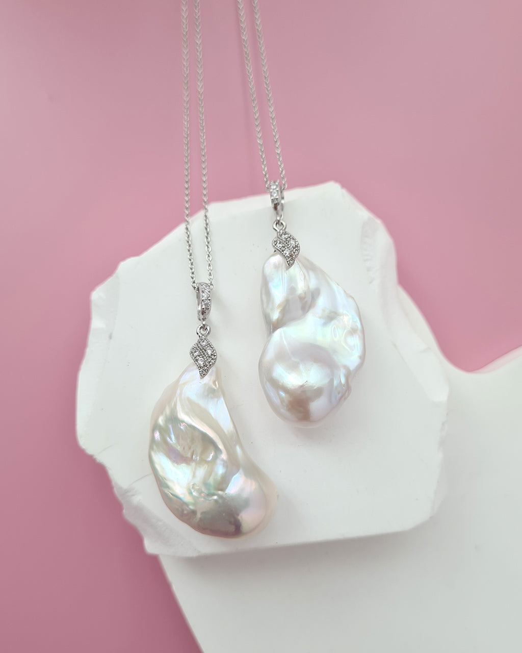 Set of 2 - Large White Baroque Pearl Pendant Necklace - Detachable Clasp Best Friends Jewelry