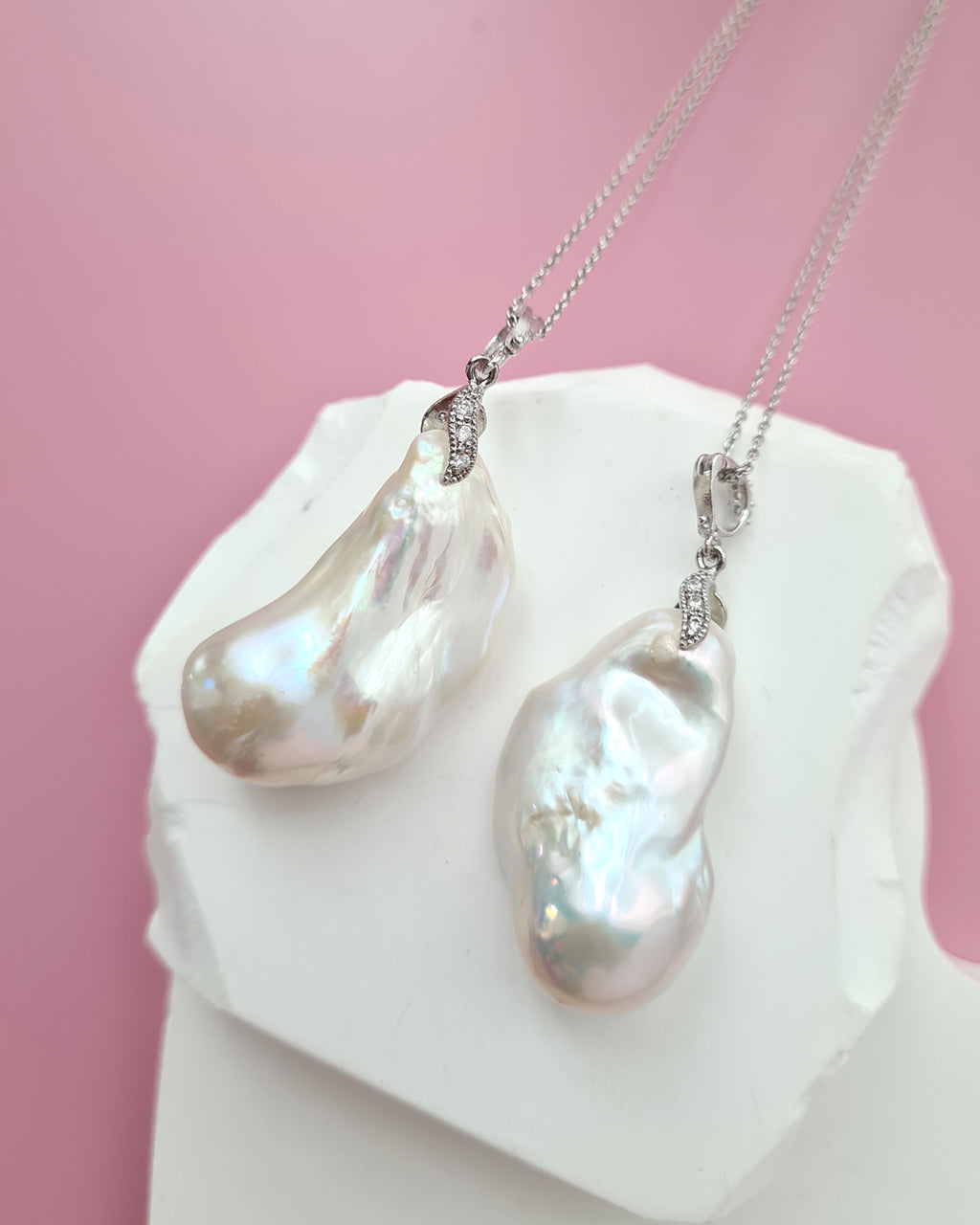 Set of 2 - Large White Baroque Pearl Pendant Necklace - Detachable Clasp Best Friends Jewelry