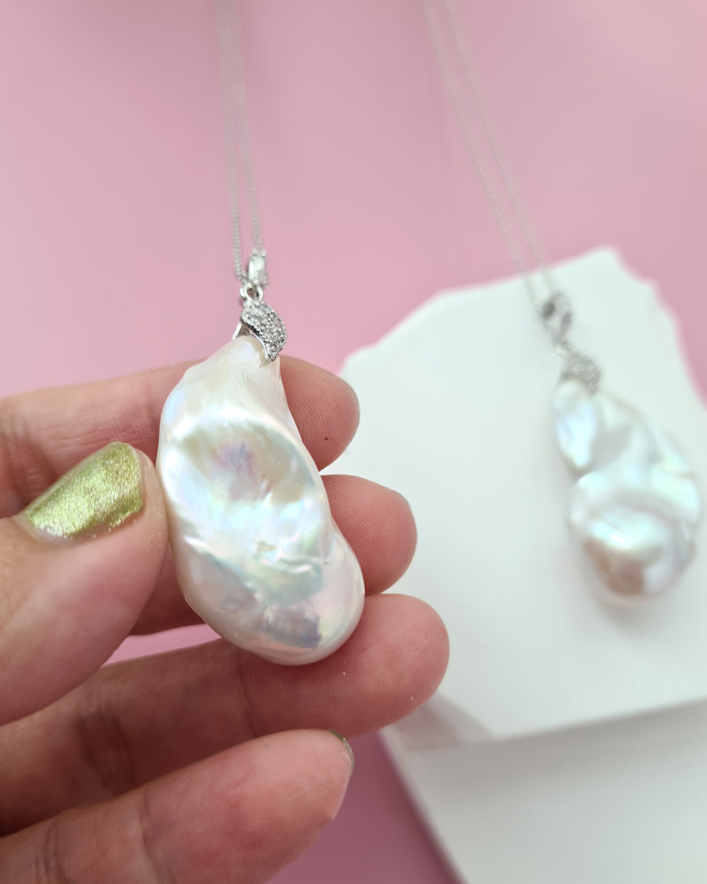 Set of 2 - Large White Baroque Pearl Pendant Necklace - Detachable Clasp Best Friends Jewelry