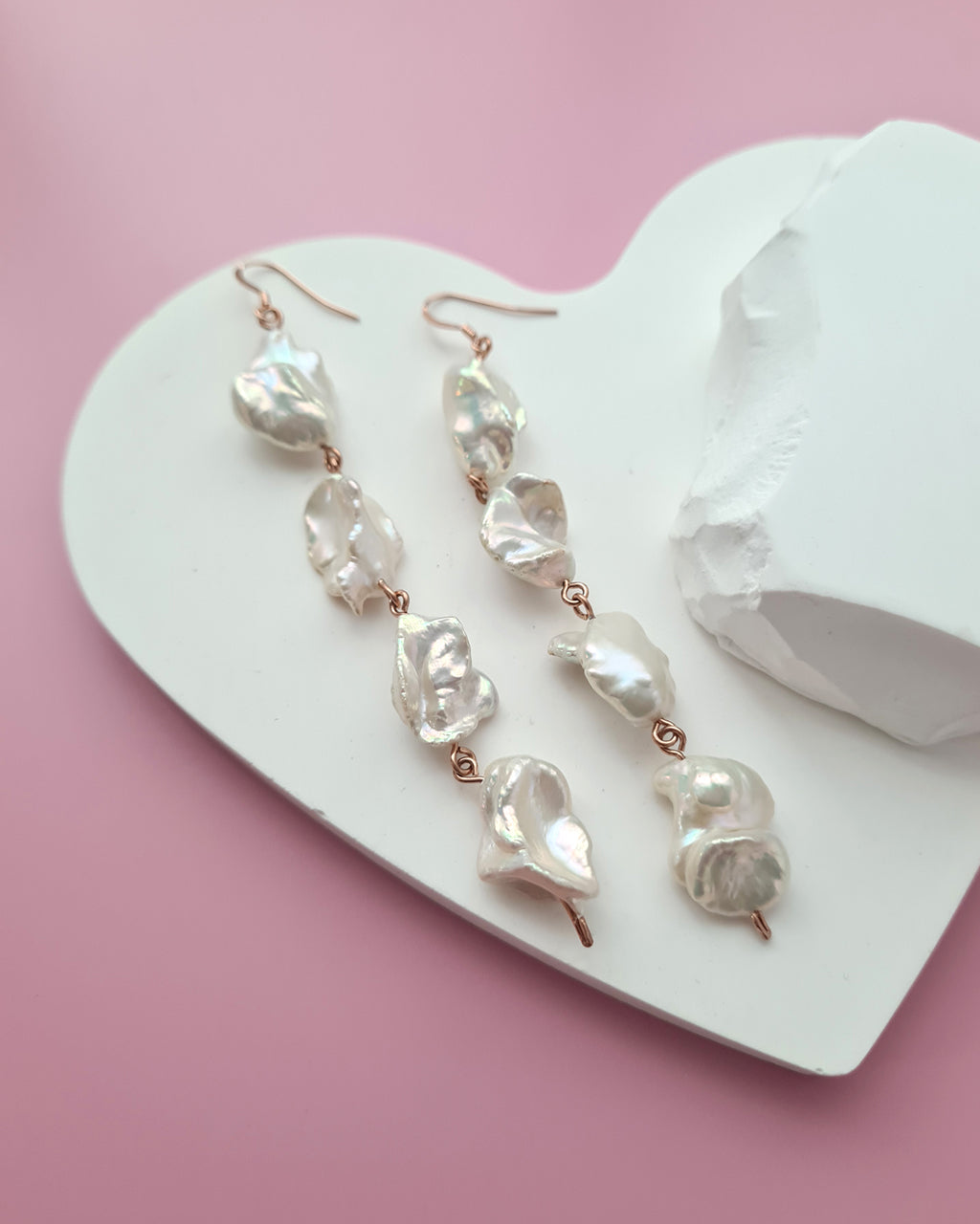 Metallic White Large Baroque Pearl Earrings - Statement in Rose Gold Filled Jewelry