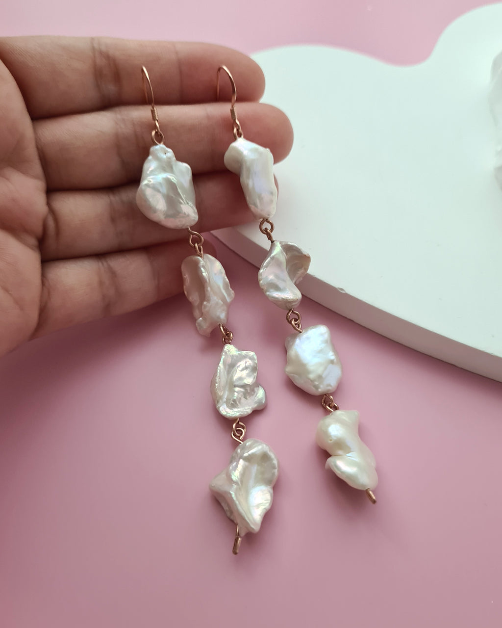 Metallic White Large Baroque Pearl Earrings - Statement in Rose Gold Filled Jewelry