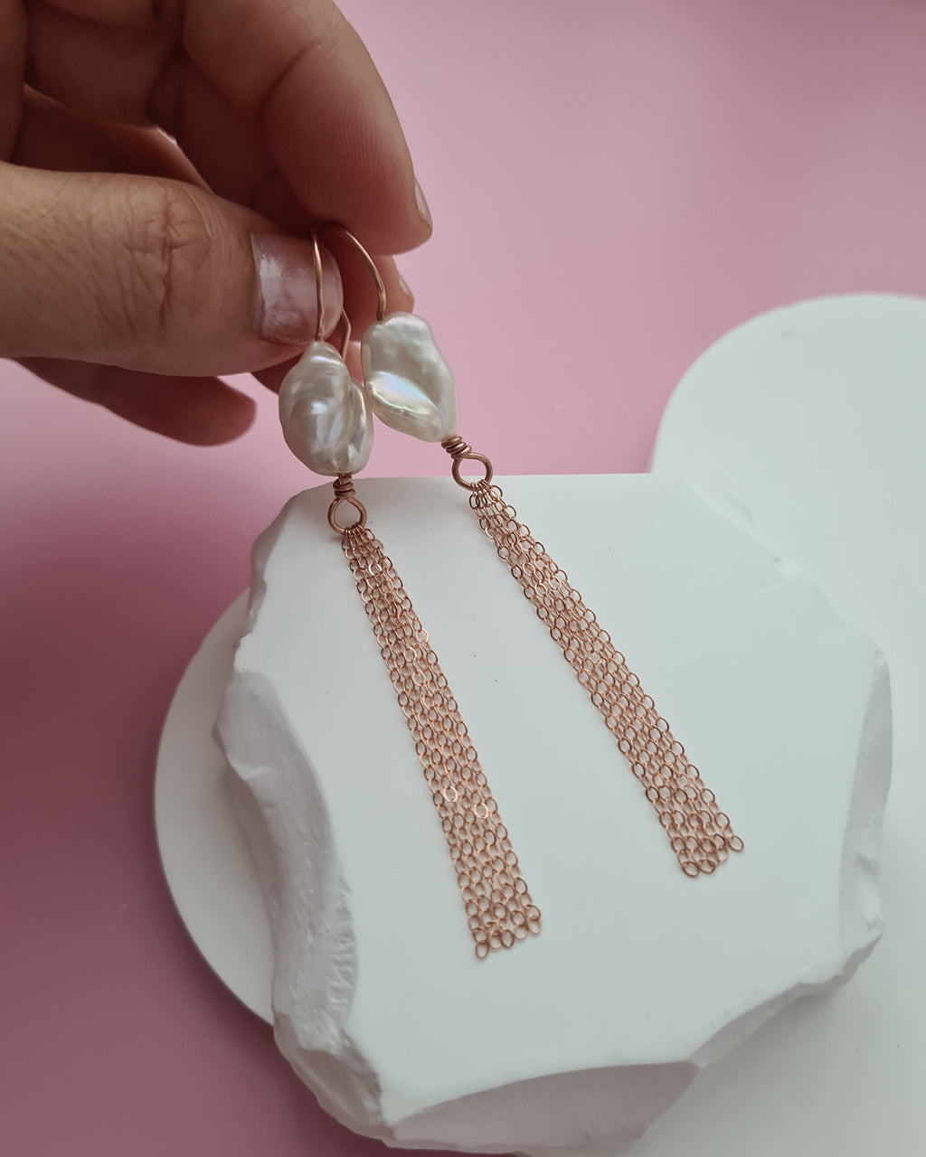 Metallic White Large Baroque Pearl Earrings - Minimalist in Rose Gold