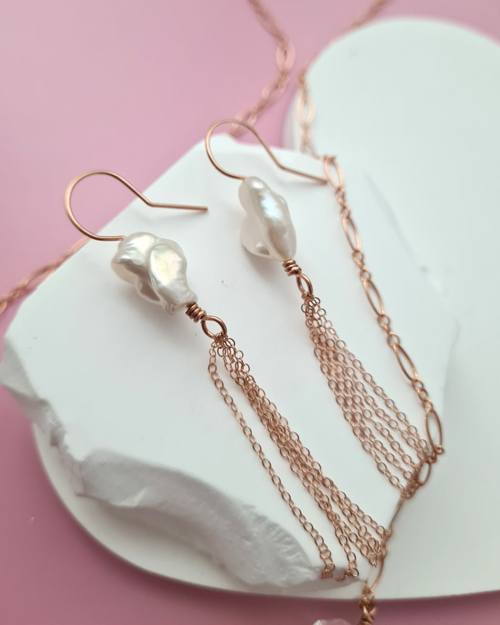 Metallic White Large Baroque Pearl Earrings - Minimalist in Rose Gold