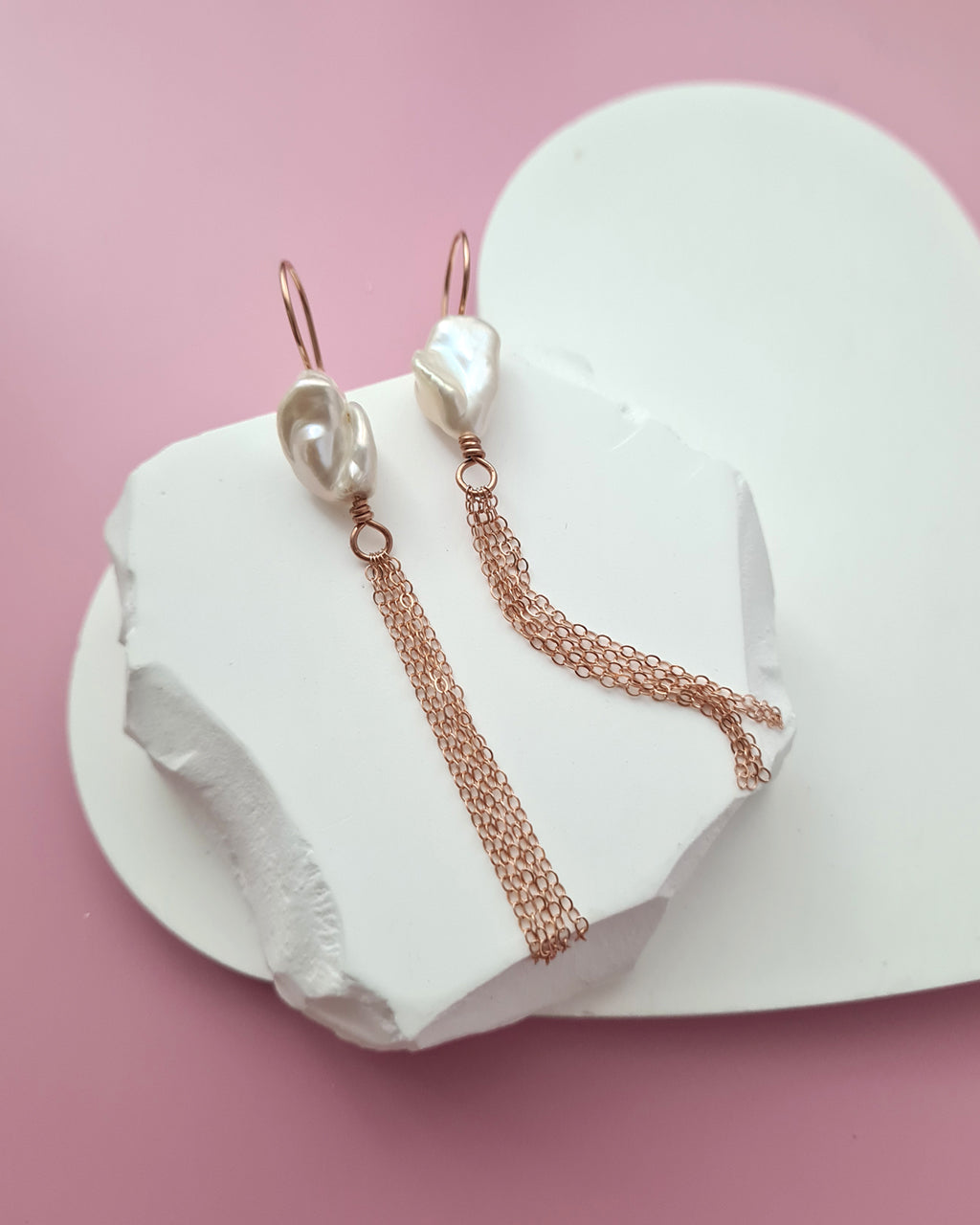 Metallic White Large Baroque Pearl Earrings - Minimalist in Rose Gold